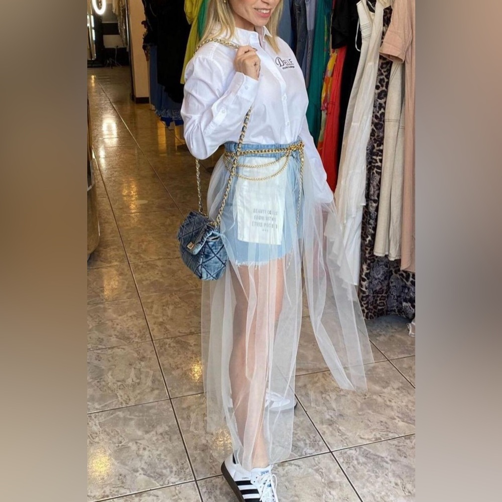 196B. White Sheer Overlay with Denim Skirt
